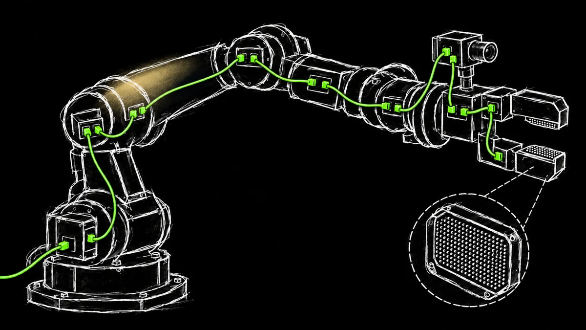 Robot arm illustration with green sensor and actuator connections