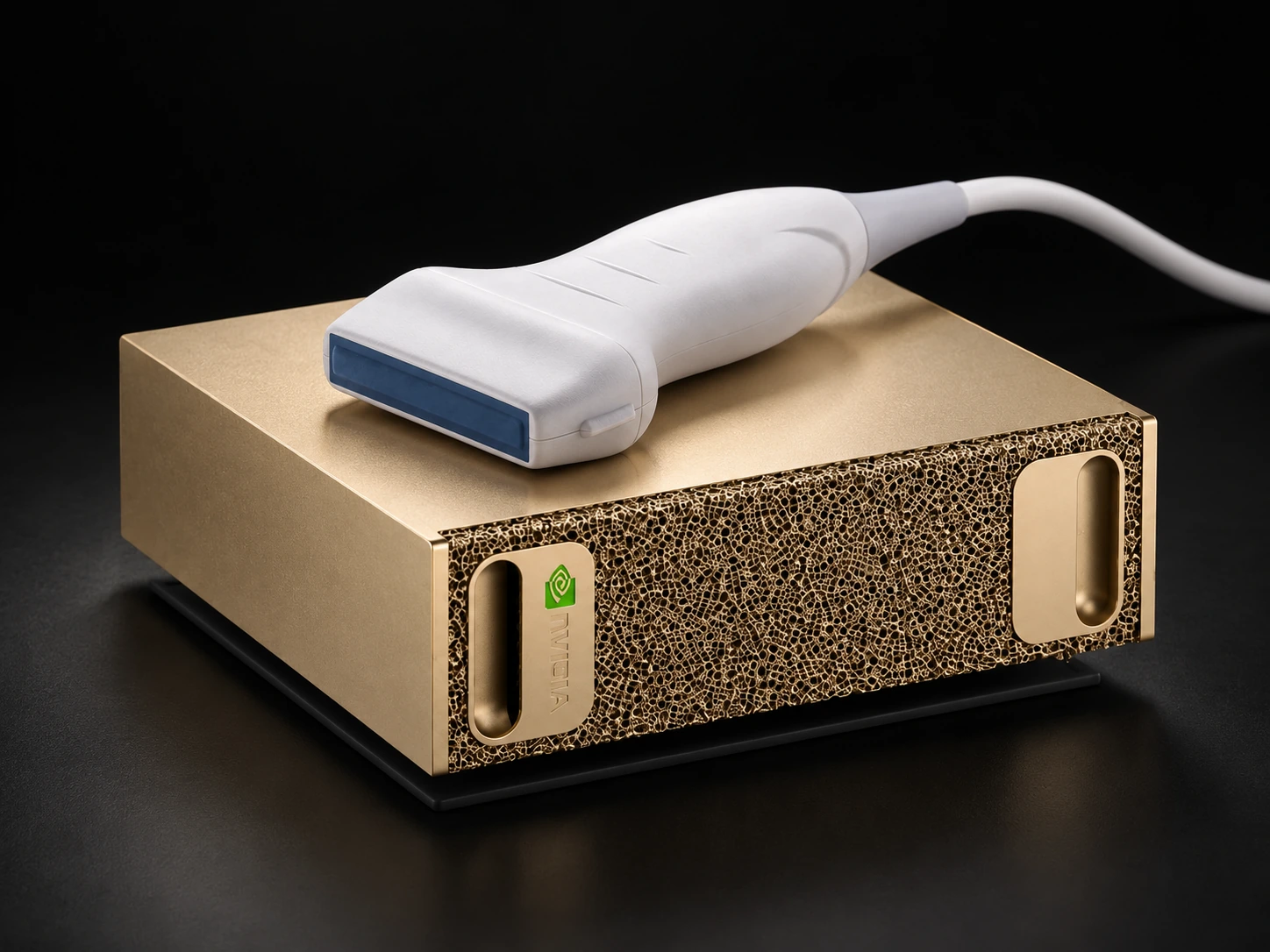 Ultrasound probe resting on an NVIDIA DGX Spark